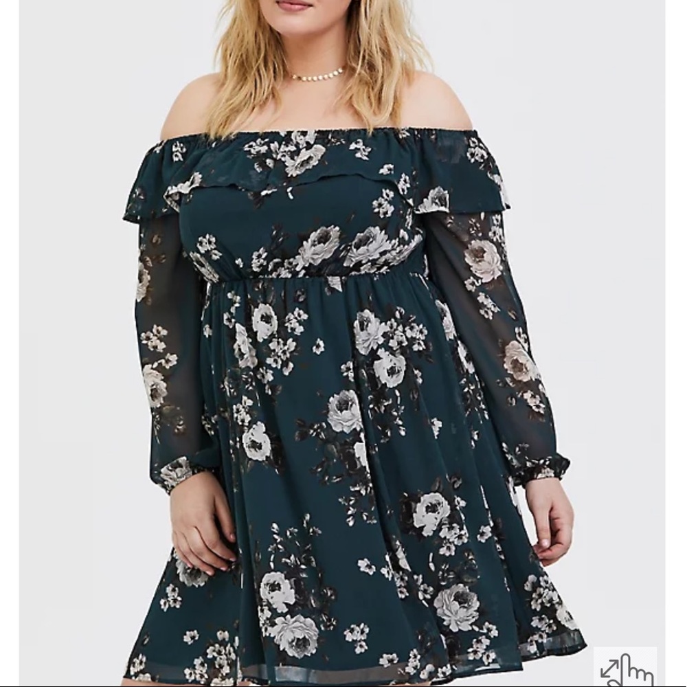 DARK GREEN FLORAL CHIFFON OFF SHOULDER SKATER DRESS